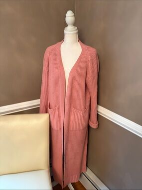 Long Open-Front Dusty Rose Women's Cardigan with Pockets